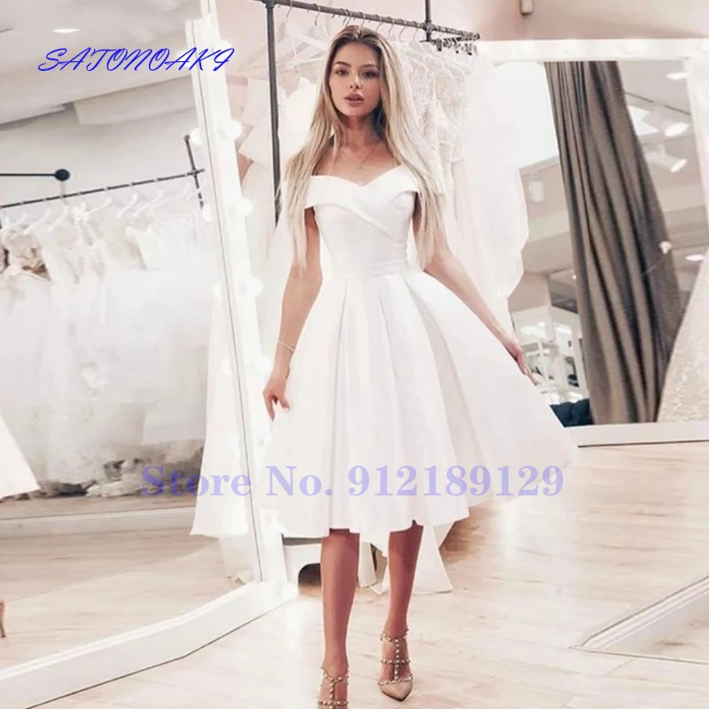 ball gown wedding dress White Satin Short Wedding Dresses  Off The Shoulder Knee Length Bridal Gowns Vestidos De Novia Robe Mariee Sukienka Online Shop wedding gown