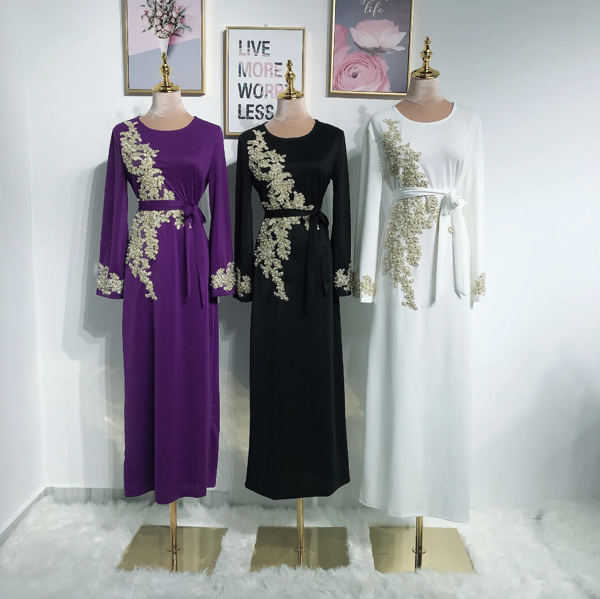 Bushra Long Sleeve Maxi Embroidery Dress Floral Lace Beading Patchwork Hijab Robe Kaftan Middle East Islamic Muslim Dubai Abaya