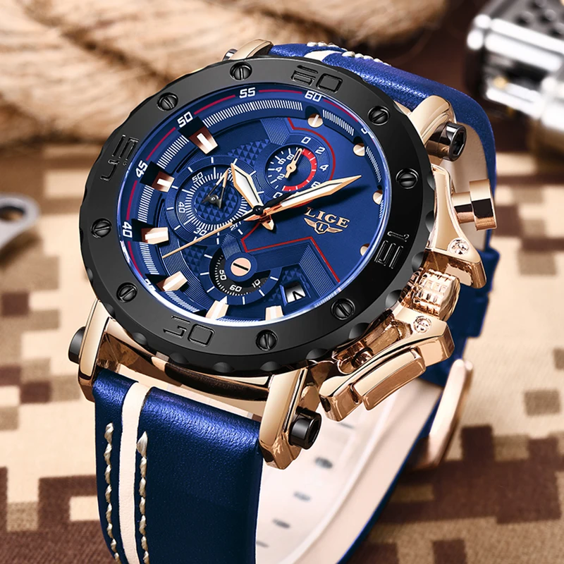 Lige Mens Watches Top Brand Luxury Fashion Military Quartz Watch Men Leather Waterproof Sport-3
