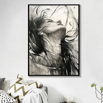 

Black White Modern Art Portrait Woman Poster Figure Canvas Painting Art Messy Beauty High Quality Canvas Prints Art Decortion