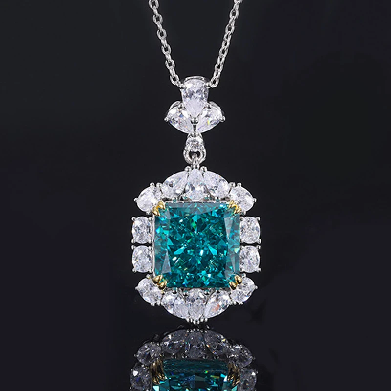 OEVAS 100% 925 Sterling Silver 13*13mm Aquamarine Yellow High Carbon Diamond Radiant Cut Pendant Necklace For Women Fine Jewelry