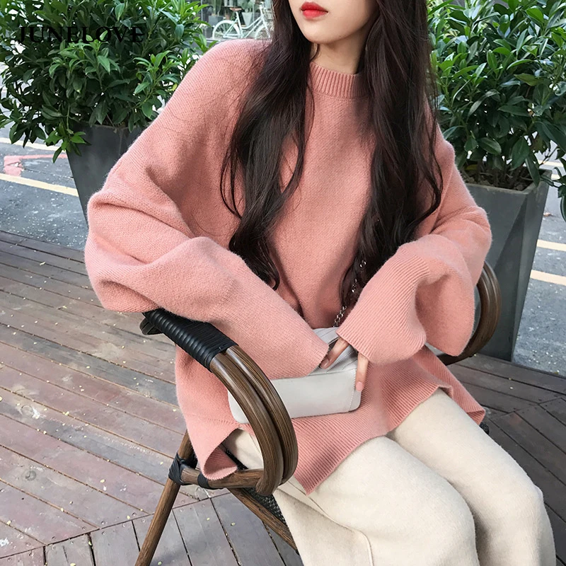 

JuneLove Women Autumn Long Sleeve Sweaters Vintage Soild Female Loose Pullovers Casual Street Wear Lady Plus Size Tops Outwears