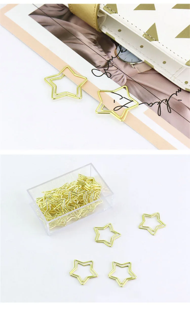 30pcs/box Gold Metal Paper Clips Clips Accessories Shape Star Office Memo Bookmarks Fashion School Supplies Stationary