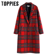 Винтажное красное пальто в клетку женское длинное пальто большого размера осеннее женское однобортное пальто