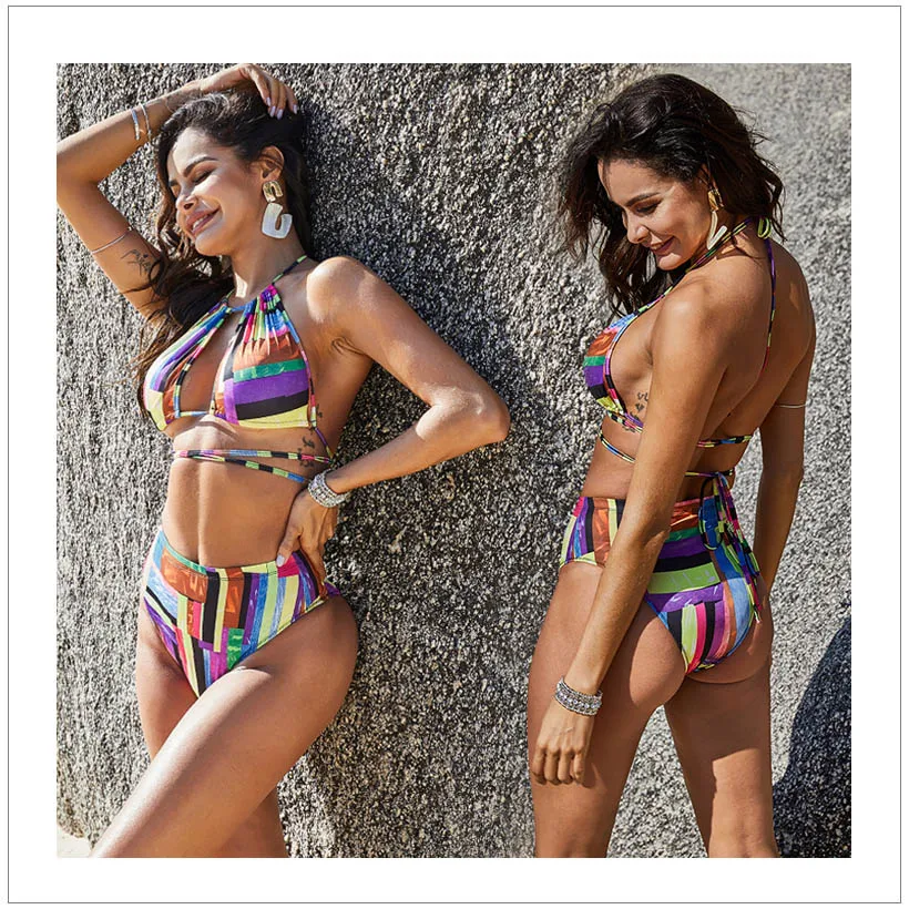 FELIX & FELICIA Swimsuit Women Sexy Halter Bikini Set 2023 Female Swimwear Printing Strappy High Waist Bikini Beach Bathing Suit