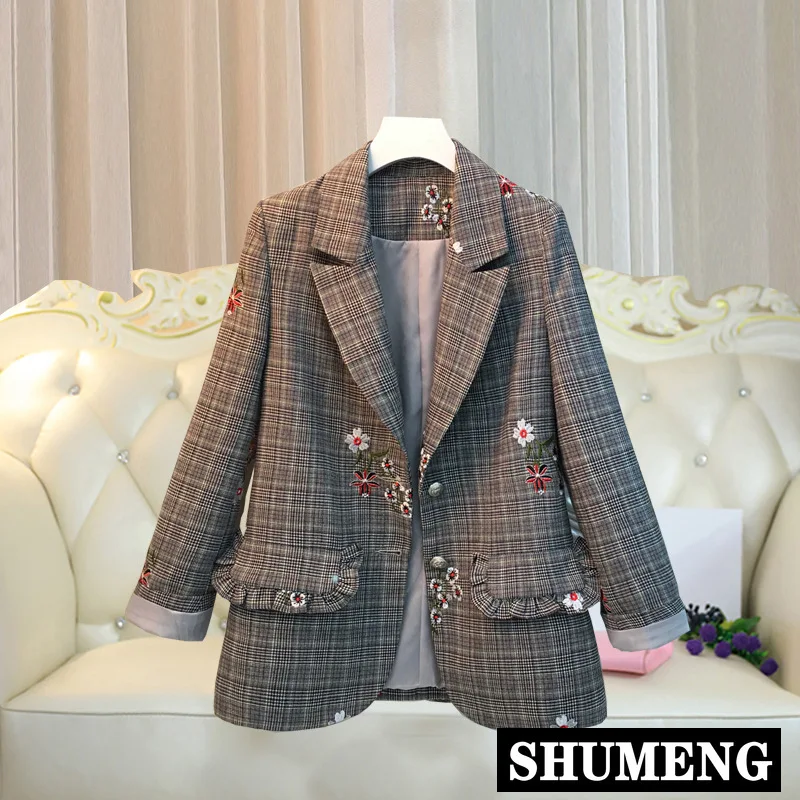 

Retro Spring and Autumn Women Embroidered Lattice Large Size Long Sleeve Suit Blazer Coat Female Plus Size Loose Jacket Overcoat