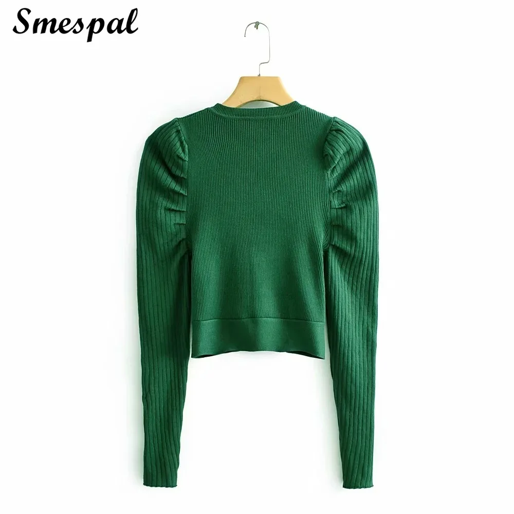 Женщины Slim Fit Crop трикотажные с длинным слоеным рукавом свитер рубашка в зеленом