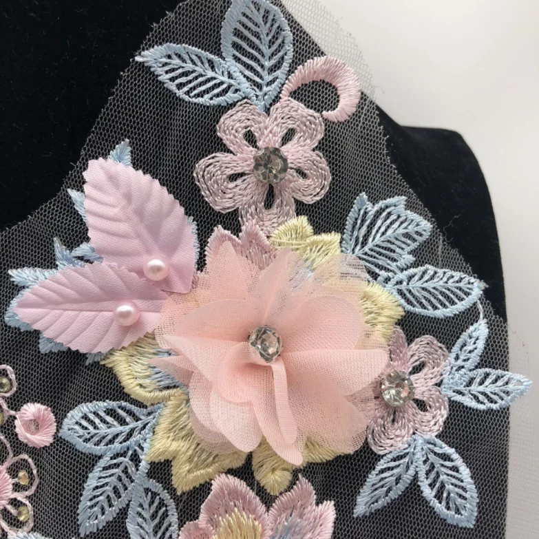 Flowers Imitation Pearl Lace Collar Embroidery DIY 3D Tulle Lace Patch Decoration Clothes Applique Accessories 1 Piece