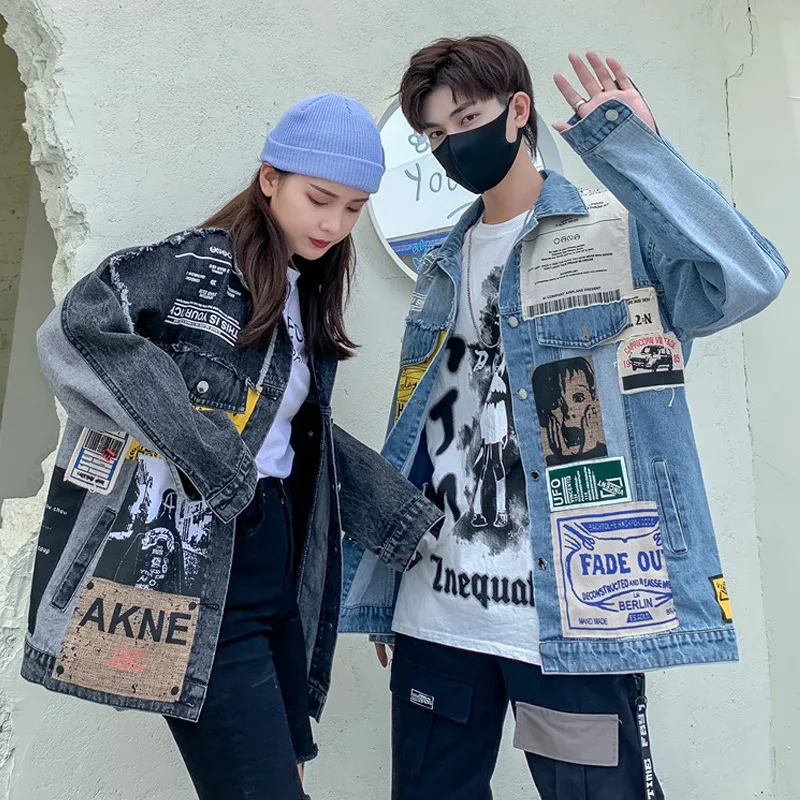 

Harajuku Couples Jacket Denim jackets for Women and Man 2020 Autumn Loose Stitching Print Outwears Hip Hop Oversize Casual Tops