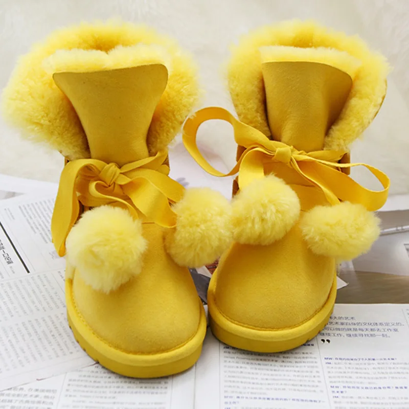 Yellow Высококачественные модные зимние ботинки из натуральной овечьей кожи; женские ботинки; теплые зимние ботинки с натуральным мехом; женская обувь - Цвет: Yellow