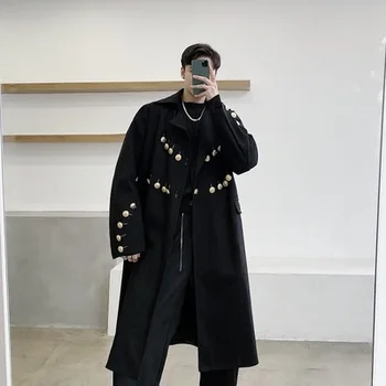 

Autumn and winter windbreaker men's medium-length jacket stylish copper buttons decorated wool coat temperament black jacket