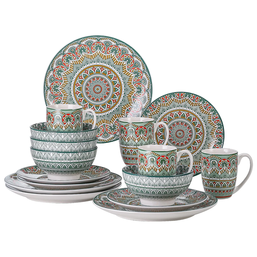 VANCASSO 16/32/48-Piece Bohemian Mandala Patterned Green Porcelain Tableware Dinner Set with Dinner Plate,Dessert Plate,Bowl,Mug
