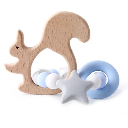 blue squirrel Давайте сделаем детский Прорезыватель 1 шт. браслет пищевой Жираф бук дерево Прорезыватель Милая звезда BPA бесплатные Силиконовые бусы для прорезывания зубов игрушки подарки - Цвет: blue squirrel