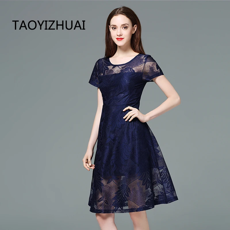 TAOYIZHUAI, Новое поступление, весеннее кружевное платье в повседневном стиле, большие размеры, облегающее, с элегантными короткими рукавами, ТРАПЕЦИЕВИДНОЕ, вечерние, офисное, женское, 11536