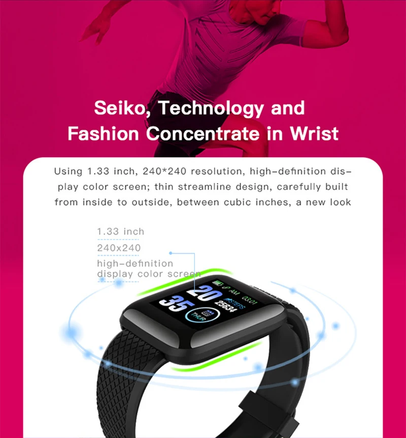 Smart Bracelet 1.3inch Color Screen IP67 Waterproof Heart Rate Blood Pressure Monitoring Track Movement Sport Pedometers116plus