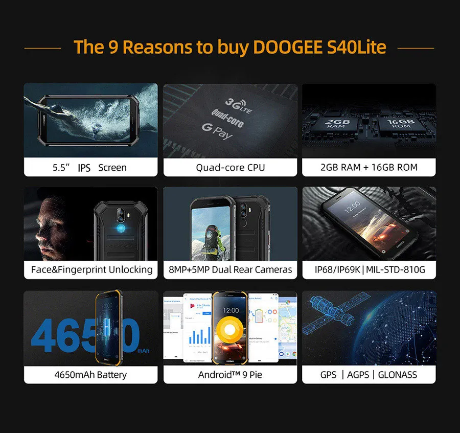 DOOGEE S40 Lite четырехъядерный 2 ГБ 16 ГБ Android 9,0 прочный телефон IP68 Мобильный телефон 5,5 дюймов дисплей 4650 мАч МП отпечаток пальца
