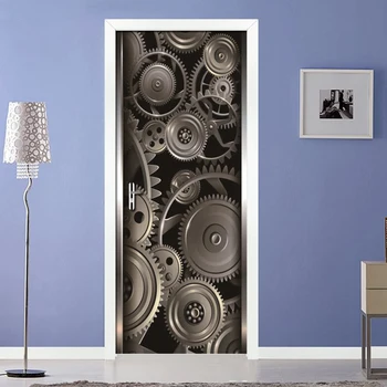 

3D Metal Texture Gear Creative DIY Self-Adhesive Door Sticker PVC Waterproof Living Room Bedroom Door Mural Photo Wallpaper Wall