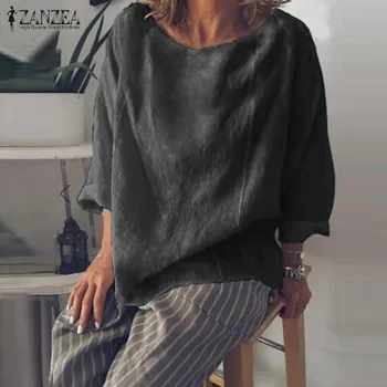 

ZANZEA Autumn Tops Women Long Sleeve Blouse Elegant O Neck Solid Casual Blusas Femininas Loose Shirt Chemise Plus Size Blouses