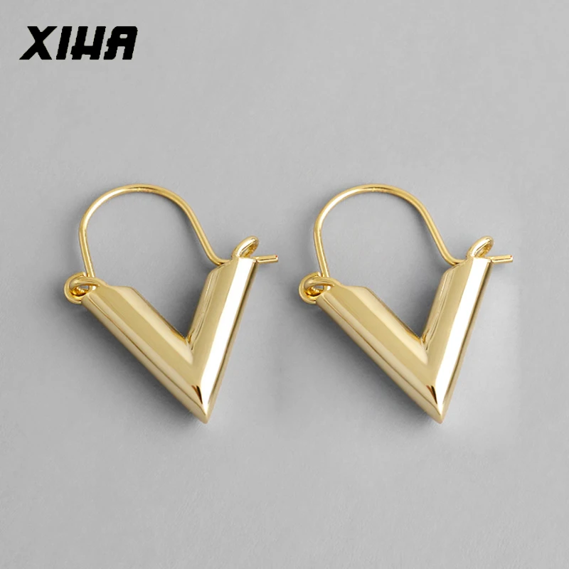 

XIHA Authentic 925 Sterling Silver Earrings for Women V Shaped Simple hoop earrings silver 925 Triangle Minimalist Jewelry