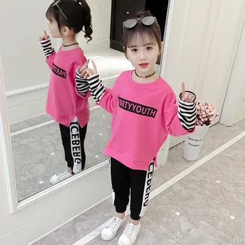 

Cuhk Children's Sets Teenager Girl Long Sleeve Striped Letters Patchwork Sweatshirt+Sport Pants Two Piece Casual Girls Tracksuit