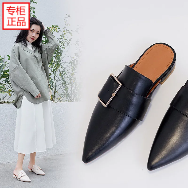 

2019 Spring New Style Fashion WOMEN'S Shoes Cowhide Versitile Fashion Women's Pointed-Toe Closed-toe Square Buckle Flat Heel Sli