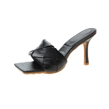 

New Brand Design Shoes Woman Slipers 2020 Summer Square Toe High Heels Sandals Women Weave Good Quality Dress Shoes White Blue