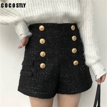 Autumn winter new fashion women shorts double-breasted gold button high waist tweed shorts women plus size