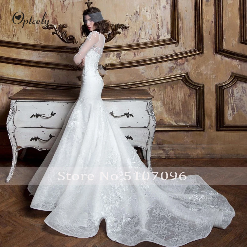 Optcely Vestido de Noiva элегантное Тюлевое свадебное платье с глубоким вырезом и длинным рукавом и пуговицами с аппликацией из бисера