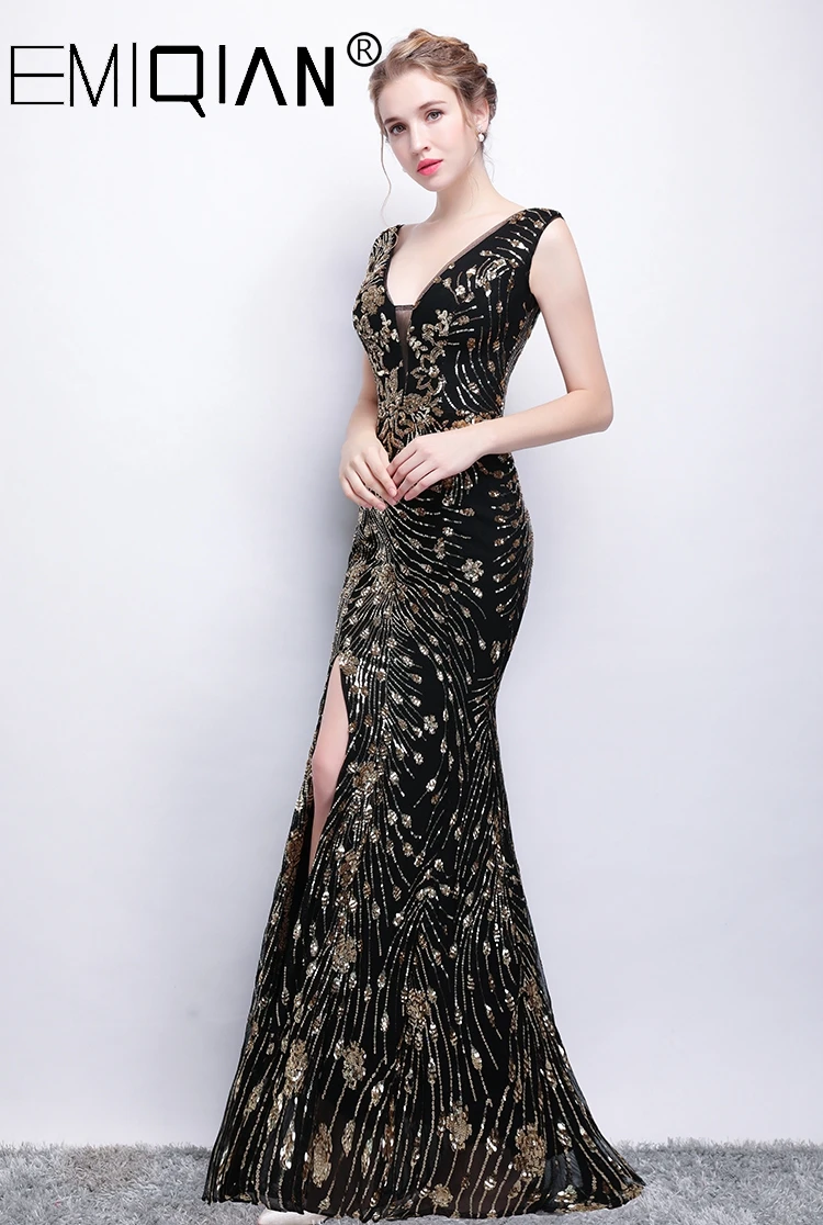 Robe de soiree, бисерное вечернее платье, вечернее платье русалки, Черное длинное вечернее платье с золотыми блестками