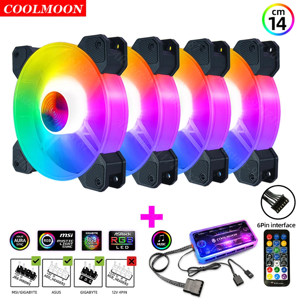Coolmoon 6-контактный теплоотвод RGB Компьютерный Вентилятор охлаждения шасси 140