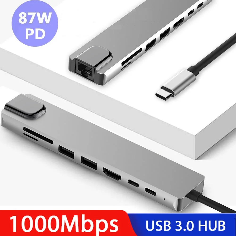 

USB 3.0 HUB USB Type c to HDMI 4K Adapter PD 87W Fast Charging USB3.0*2 RJ45 With SD/TF Card 8 in 1 HUB For Macbook Pro Samsung