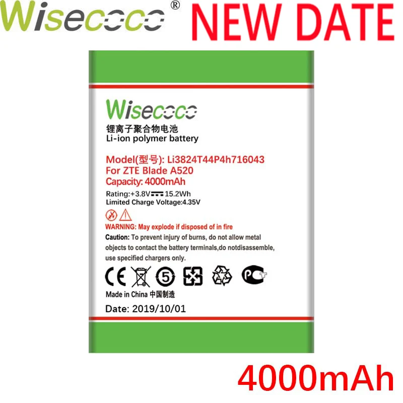 Wisecoco 4000 мА/ч, Li3824T44P4h716043 3,85 V Батарея для zte лезвие A520 A521 BA520 A603 BA603 телефон Батарея Замена