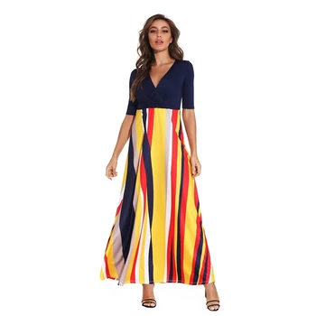 

V Neck Vintage Printed Retro Women Summer Half Sleeve Long Maxi Dress High Waist Evening Party Dresses