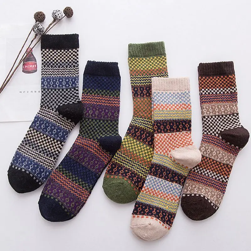Mens Vintage Ethnic Woolen Warm Long Socks Checked Striped Geometric Ribbed Knit 5 pair