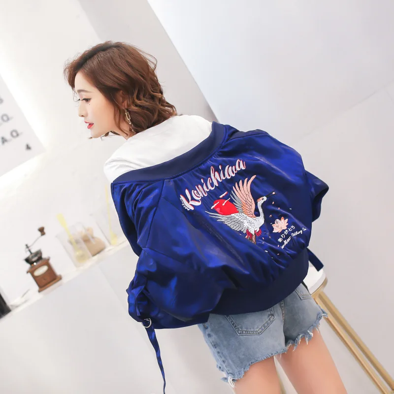 

2019 Spring New Women's Embroidered Satin Sporty Short Korean-style Lettered Baseball Uniform Cool Small Coat