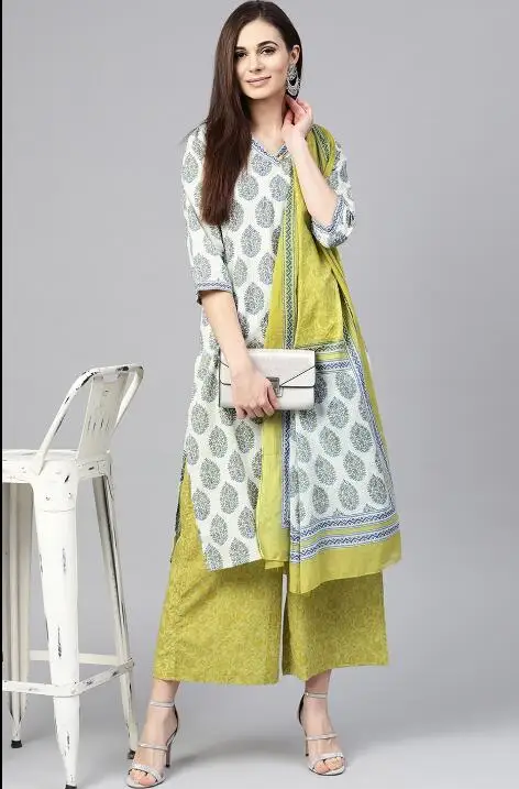 Женские Модные Этнические стили наборы печати хлопок Индия Kurtas платье леди три четверти рукав топ брюки шарф