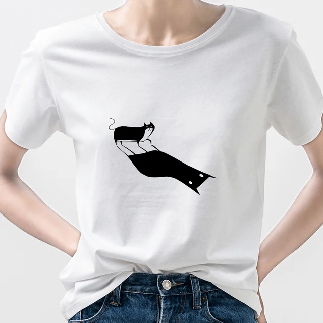 Camiseta con estampado de gato negro y tinta mujer, remeras blancas con estampado de gato sombra, ropa de estética para mujer, Camiseta de cuello - AliExpress