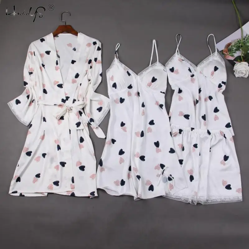 

Women's 2-4 Pieces Pajamas Sets Print Emulation Silk Satin Pyjama Women Sleepwear Sets Spring Summer Autumn Homewear Nightwear