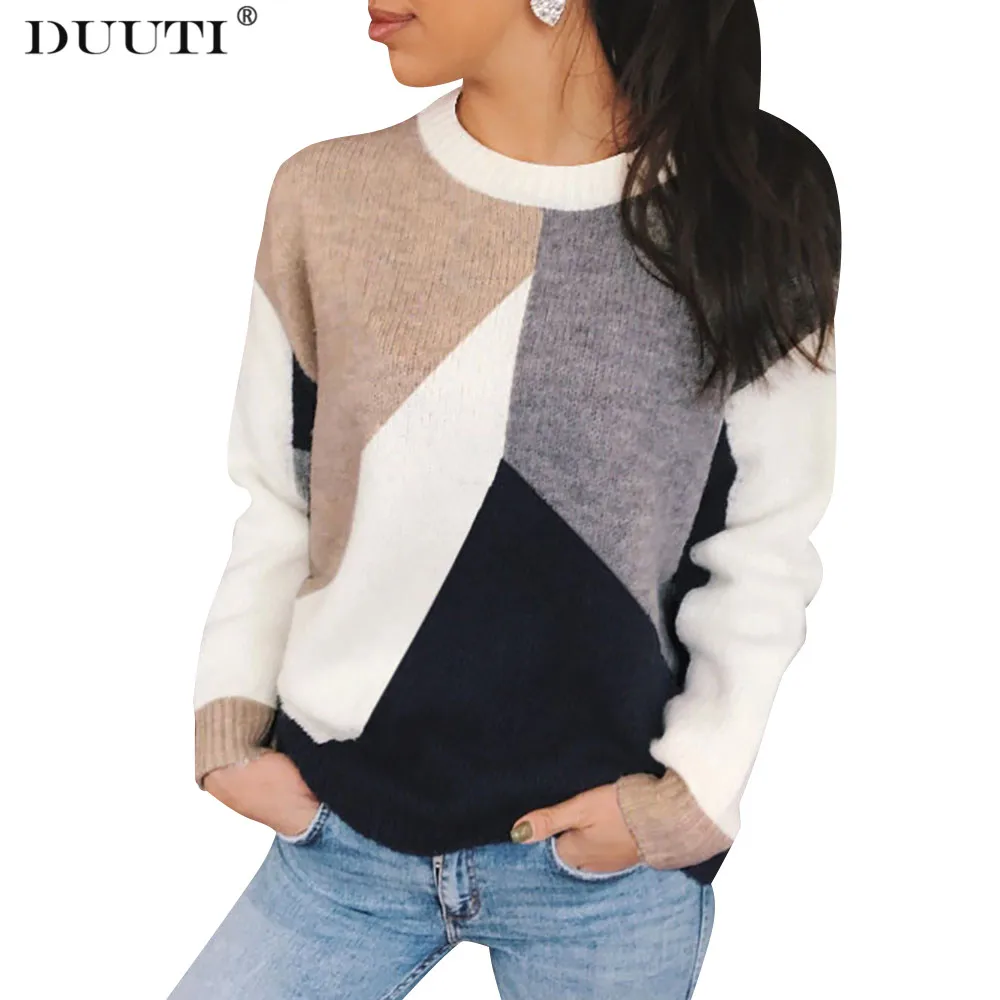 Women Sweater Autumn Women's Patchwork Sweaters Knitted Tops Stitching Sweater O Neck Jumper Warm Female Causal Sweaters D30