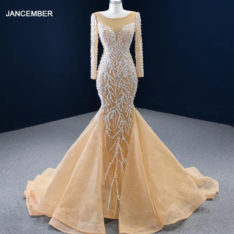 J67211 Jancember New Mermaid Wedding Dress 2020 Custom Design Dress Pearls V-Neck Long Sleeve Applique 1