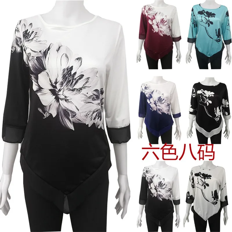 

5XL Women Flower Print T Shirt Spring 2020 Summer Casual Bohemian Irregular Loose Tee Shirts Fashion Ladies Plus Size Tops 4XL