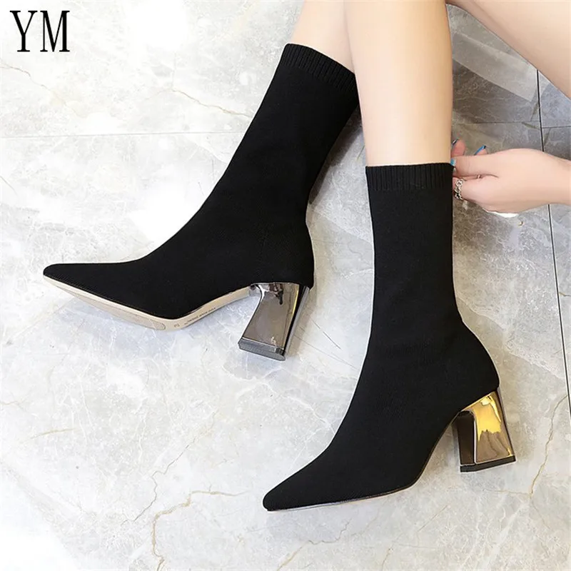 Популярные женские черные ботильоны модные весенне-зимние эластичные носки Женская обувь с острым носком на высоком массивном каблуке 34-43