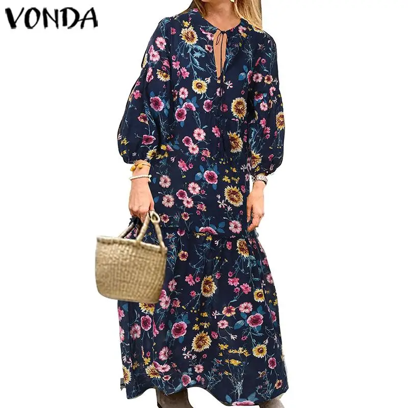 VONDA повседневное Макси-Платье с принтом, богемный сарафан, винтажное пляжное платье с длинным рукавом-фонариком размера плюс, вечернее платье Vestidos