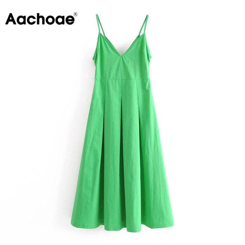 Aachoae Sexy Spaghetti Strap Deep V Neck Party Dress Solid Backless Pleated Midi Dresses Side Zipper Green Beach Dress Summer Aachoae Sexy Spaghetti Strap Deep V Neck Party Dress Solid Backless Pleated Midi Dresses Side Zipper Green Beach Dress Summer