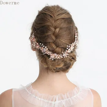 

NPASON Women Hair Jewelry Rose Gold Flower Leaf Bridal Tiara Headband Pearls Wedding Hair Crown Accessories