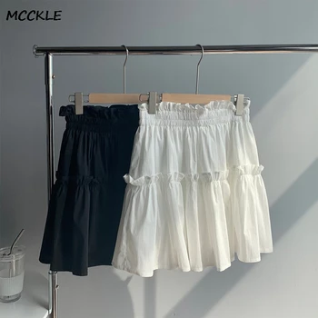 

Summer Ruffle Elastic Mini Skirt Women's Sweet Solid Ball Gown Short Skirt Ladies Korean High Waist Lining Female Bottoms