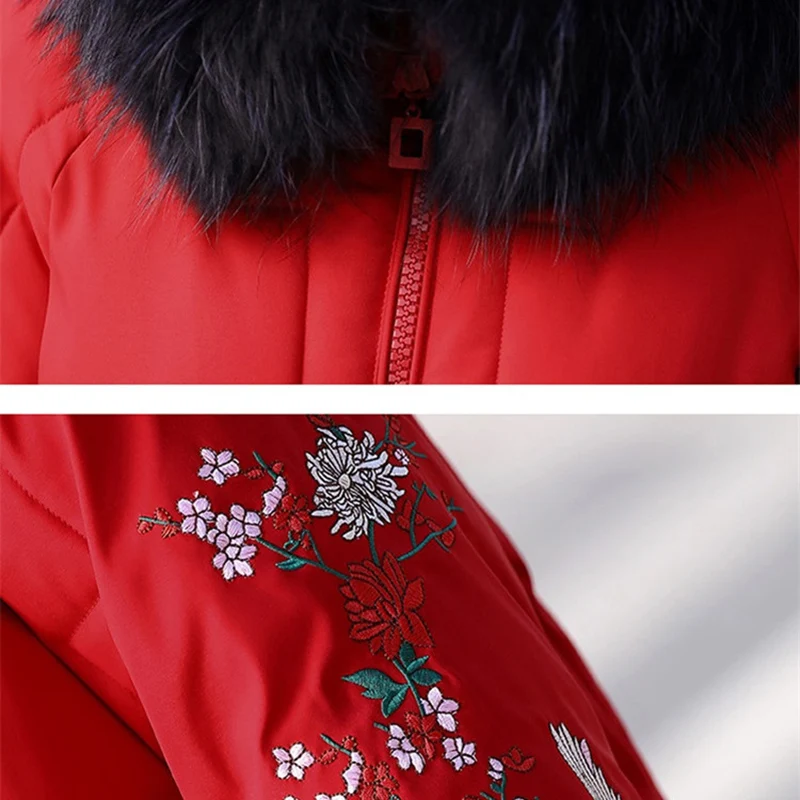 Большие размеры, L-5XL, женские зимние парки, толстая хлопковая куртка с меховым воротником, с капюшоном, Женская длинная стеганая куртка с вышивкой, G648