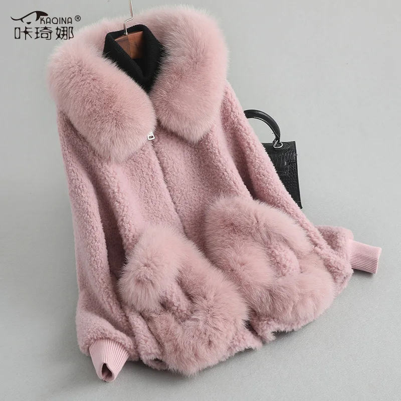 pink AYUNSUE, натуральное меховое пальто, женское, воротник из лисьего меха, шерсть, пальто,, Осень-зима, куртка для женщин, Корейская верхняя одежда, Chaqueta Mujer MY3643 - Цвет: pink