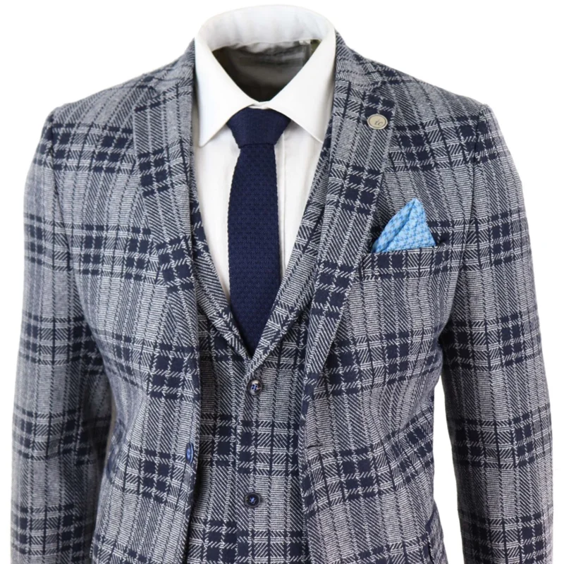 Красивый мужской костюм из смешанной шерсти 3 шт костюм синий Homme Check твид Peaky Blinders костюм
