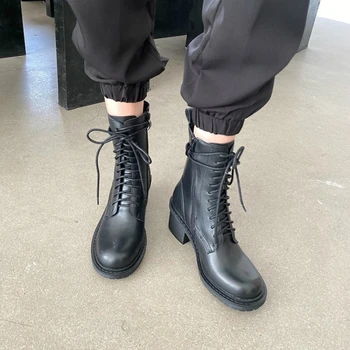 

Woman Chunky Heels Motorcycle boots Leather High Heel Ankle Boots Women Fashion Women's Round Toe Punk Boots